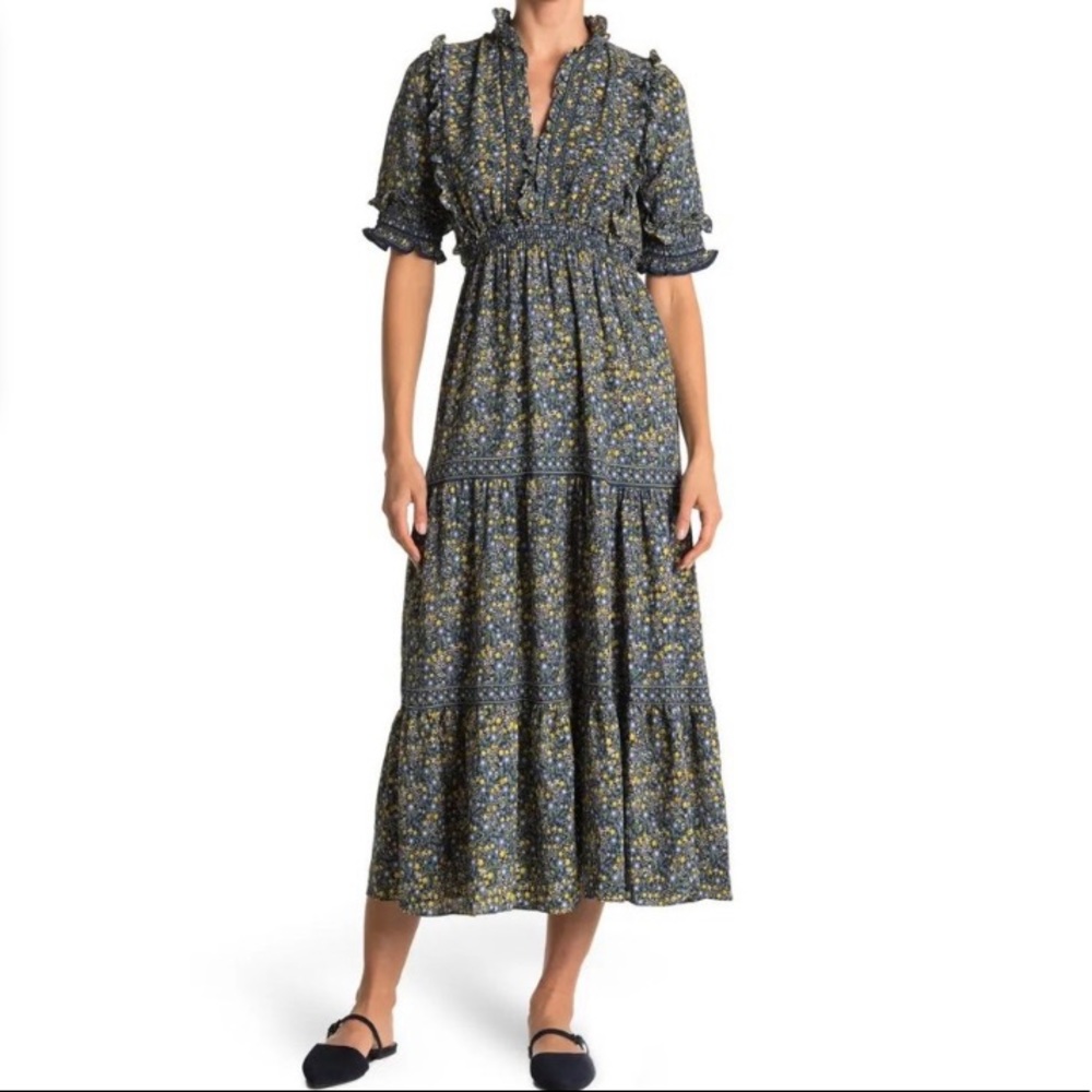 MAX STUDIO Ruffle Collar Print Tiered Maxi Dress